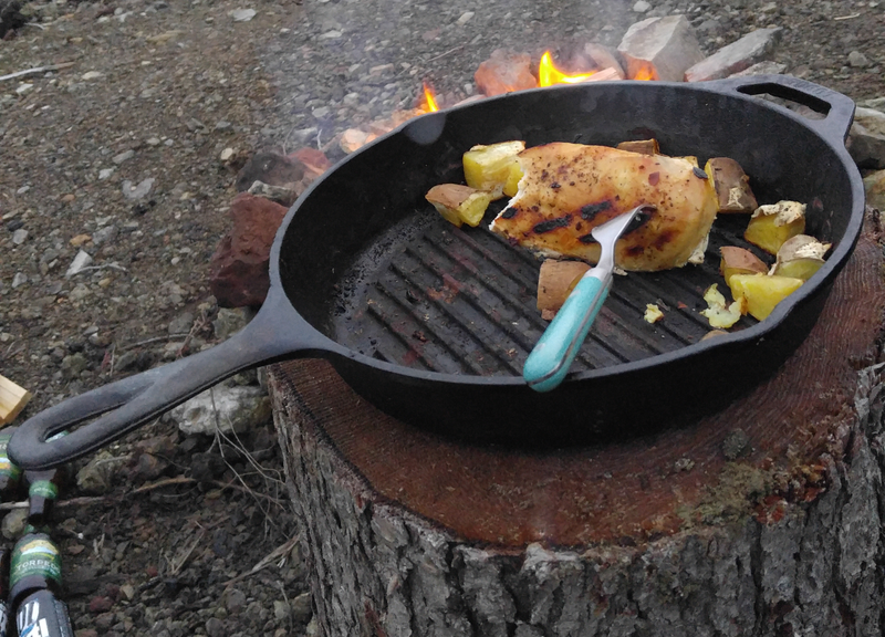 Chicken and sweet potatoes, reheated over the fire. Yum.